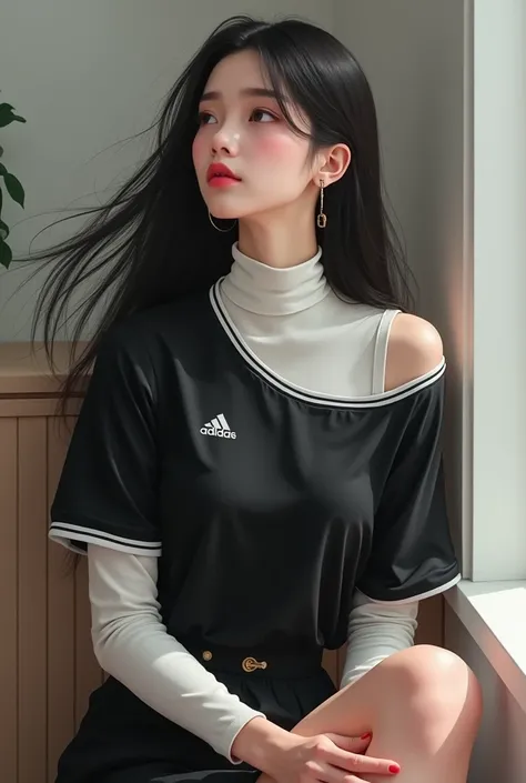 Chinese woman, long hair, black off shoulder loose collar soccer jersey with white long sleeve turtleneck shirt on the inside, black skirt, sitting, looking up, crossed legs