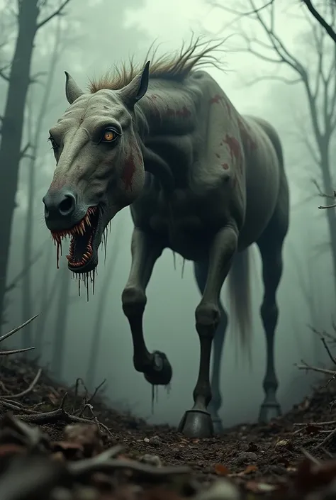 The horse is described as a grotesque zombie-like creature, with decaying, mottled skin and sunken eyes, presenting a more overtly monstrous appearance. Its emaciated, skeletal form and jagged, dripping fangs make it feel predatory and dangerous.
The backg...