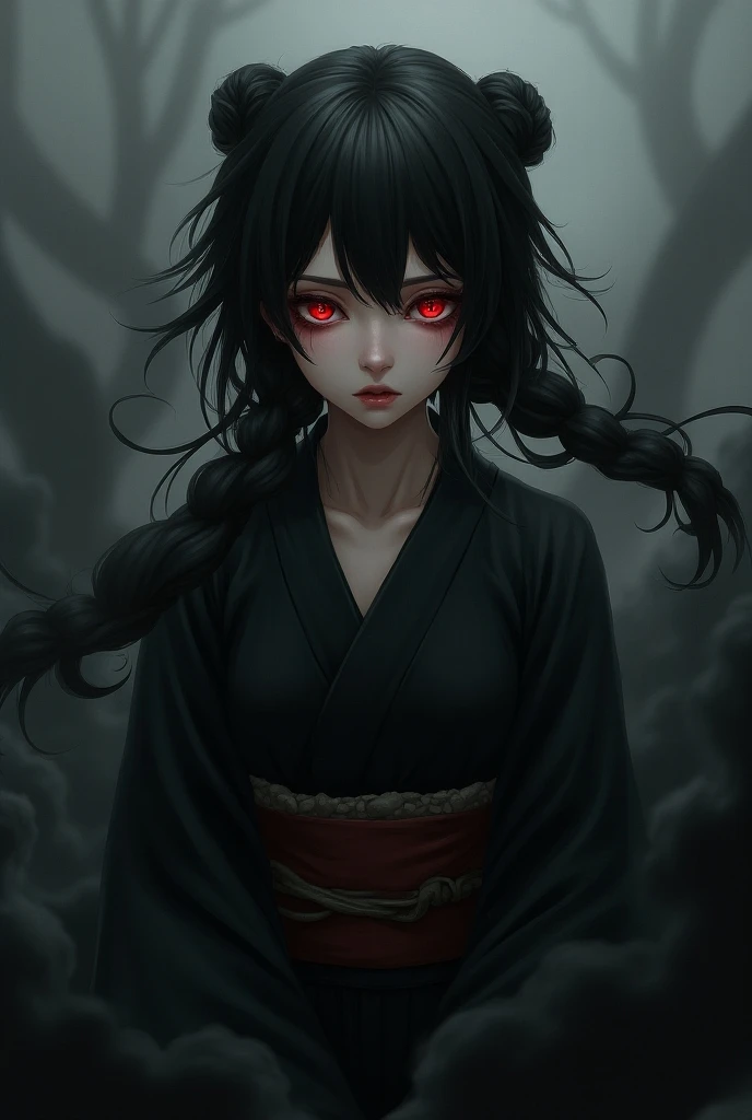 Dizzy face, black hair, double-braided braids, black kimono, red eyes, disgruntled eyes, black smoke all around.