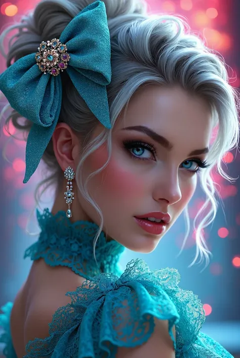 A sophisticated woman, With tousled silver hair in a messy updo, blue eyes, and perfect makeup, wearing luxurious turquoised tatted lace bow decorated with precious stones and crystals neon bg airbrush oil painting.