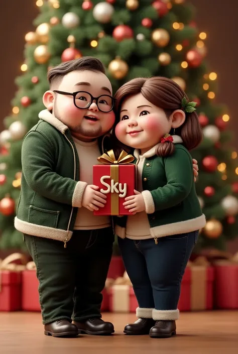 A chubby couple wearing Christmas outfit and wearing hat black and white combination and the background of Christmas tree and the boy name "Daizkie"   wearing eye glasses and the girls  names " Sky" 3D letters style be  careful to the spelling on it.carry ...