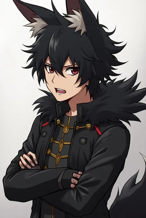  Akutagawa Ryunosuke in the Bungo Wild Dog ，male，In their eyes, they are untamed and ferocious，Q version，Fox ears and tail。Black-haired and dark-eyed ，, but the tips of my hair hanging down the sides of my cheeks are white