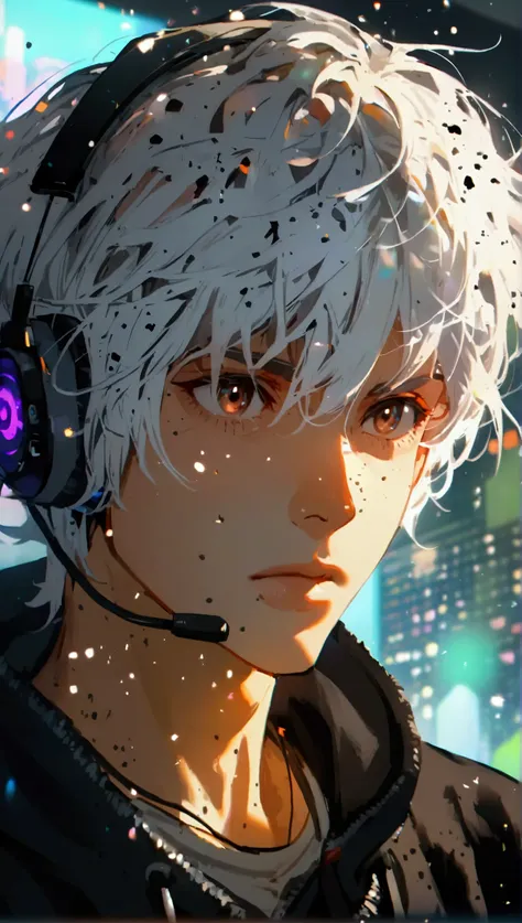 Anime character white man ,  with brown eyes and hair and wearing black sweatshirts playing on animated PC gamer, For profile 
