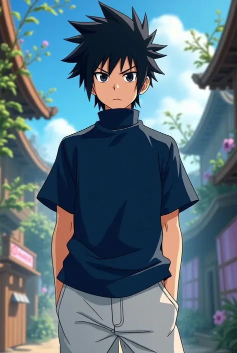 Sasuke wearing a navy blue short-sleeve shirt with a turtleneck and white shorts in disney style 