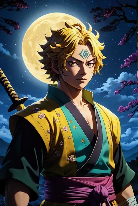 Demon Slayer: Zenitsu Agatsuma in moonlight, ( Artwork:Photo,  Highest image quality , Hologlanz ,  various colors ,  glitter and lighting effects .