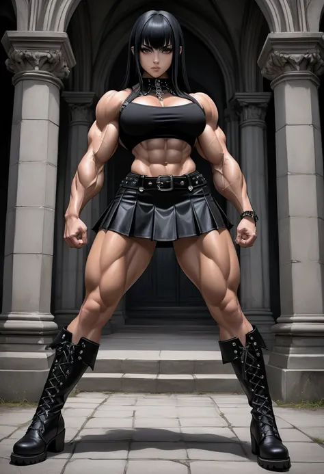 gothic girl, ((muscular)),  straight black hair , sexy; Does she have a black mini skirt,  and boots , (strong arms) (hypertrophied legs) ( Abdominals )