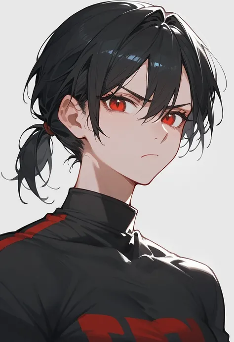 Handsome girl,Black hair, in red eyes , short ponytail,Fantasy black shirt,Serious face,