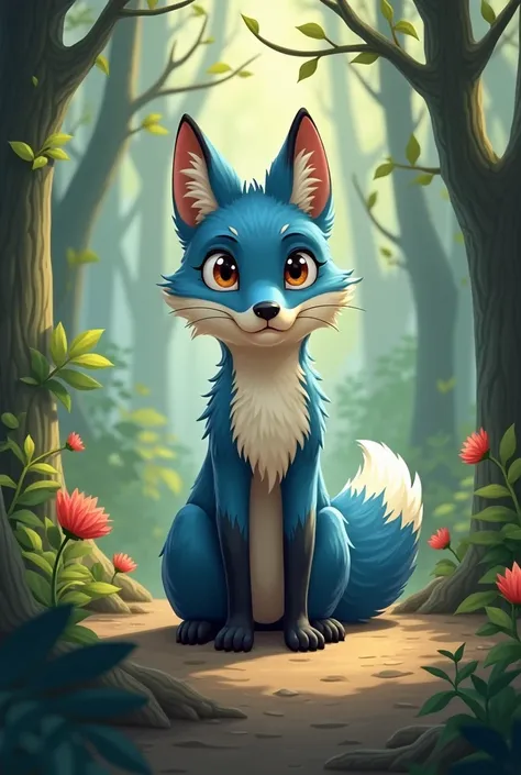  Generate an image for me based on the chapter of a story that I will give you (One day, A new companion arrived : DAWN,  a little fox with bright blue fur and shades of beige .  The news of her arrival spread quickly through the forest, y cuando DAWN apar...