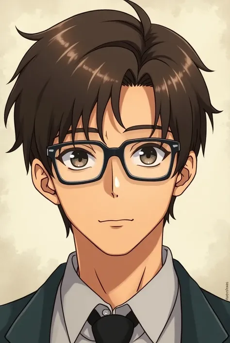 An anime man with brown-haired eyeglasses