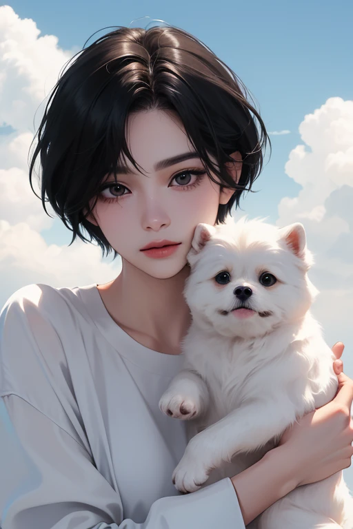 (((masterpiece)),best quality, beautiful detailed eyes, 8K resolution, Semi-realistic, cinematic lighting, detailed clothes, ultra detailed),1 woman, korean, cute, 30-year-old ((wearing a white shirt)), smile,(holding a small white *Maltese dog* in her arm...