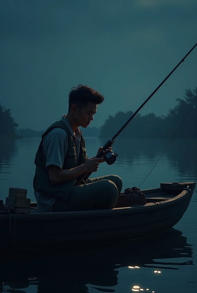  Toni young black haired indonesian man, dressed in an angler vest , Sitting on a boat in the middle of the lake at night. Fishing till night 