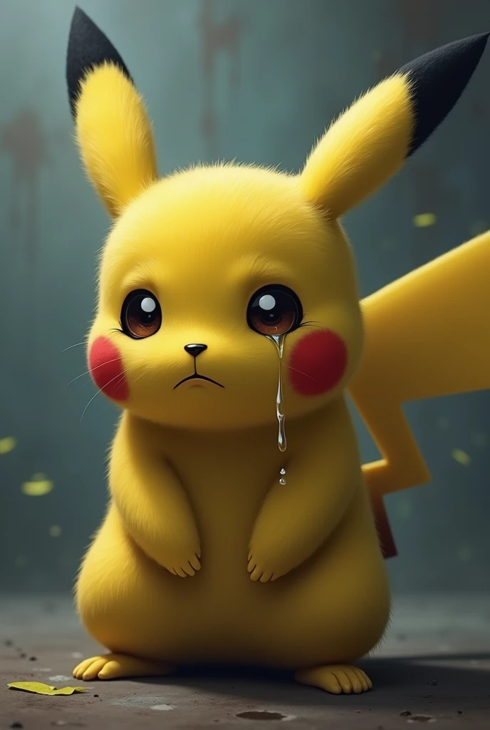 Pikachus face is downturned, with a slight frown and a single tear, showing loneliness and yearning. The expression is quiet but deep, capturing Pikachus lost hope or search for something missing.
