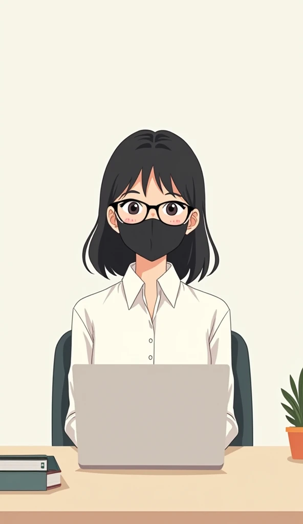 Anime friendly looking female business character who is wearing black face mask, with white cooperate shirt and glasses. Shes sitting behind her laptop in her office. She place her hands on her desk. She is front facing the camera. Looking and sitting stra...