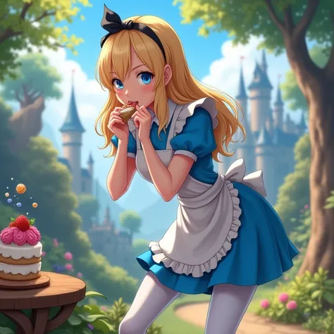 score_9, score_8_above, score_7_above, score_6_above, Alice (Alice in wonderland), AliceWaifu walking , eating a cake, castle, Fantasy,  magic particles  ,   leaning forward , cute pose, medium breasts, narrow waist,  wide hips,  thick thighs , cinematic, ...