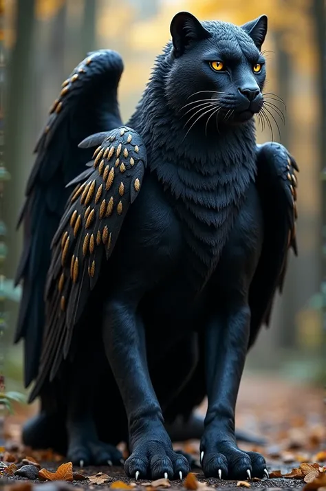 A majestic hybrid with the fierce gaze of an eagle and the sleek, muscular body of a panther. Its wings are covered in black feathers with hints of gold, blending seamlessly with the panther’s coat, and it has piercing, golden eyes.