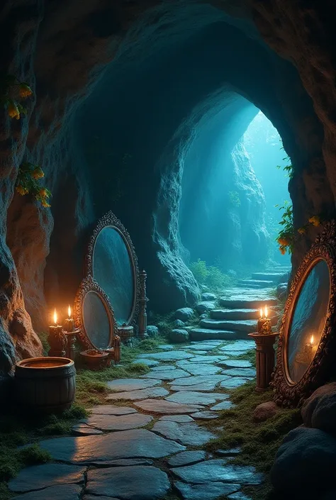 a cave with several buckets and fantasy mirrors