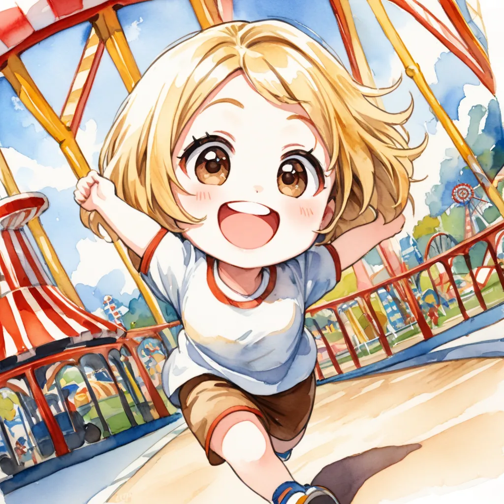 1girl, chibi, cute, pale skin, blonde hair, bob, big droopy eyes, dark brown eyes,
vast amusement park, running, arms up, happy,...