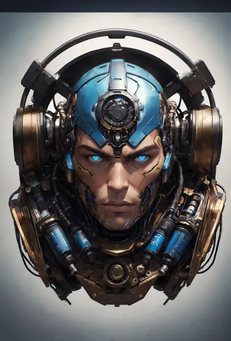 (masterpiece:1.3), no background, a portrait of a cyborg with a blue eyes and an air intake on his forehead, air intakes covered with grilles, wires, tubes, rusty metal parts, muscular man swollen by evil machine with edges of his face and body disappearin...