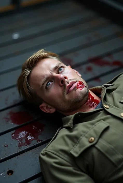 American Male cob in blue uniform, blonde hair with middle part , fair skintone , green eyes , serious look, calm eyes, full body, injured shot in gut lying on the deck unconscious, full body photo , with blood