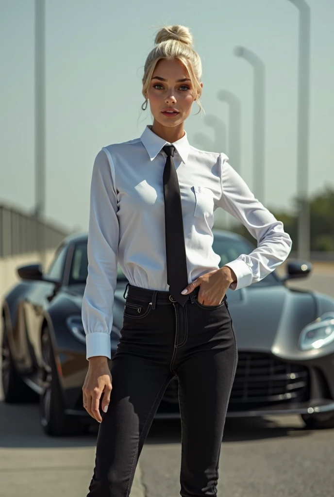  Woman with platinum blonde long hair  ,  on the white shirt there will also be a black tie around the neck .  A black straight jeans underneath ,  a little of the shirt is half inside the pants .  She has black heels on her foot . Her hair is in a bun .  ...