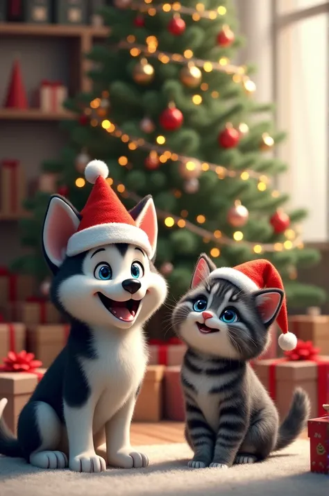 A Husky dog and a furry black and gray striped cat with Christmas hats and Christmas decorations and gifts and a Christmas tree 