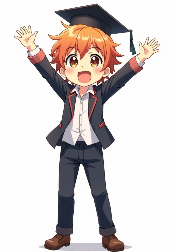 A Anime boy character standing opposite with 🎓 hat and rise his duo hand up