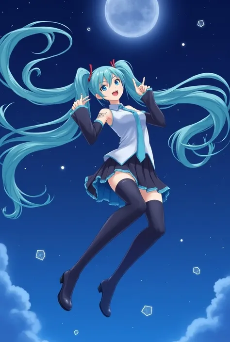 1girl,
hatsune miku,
solo,full body,fantasy,dreamlike,night,a dreamy scene,aqua nails,long hair,aqua eyes,necktie,starry sky,black footwear,armlet,open mouth,sky,moon,sleeveless shirt,shirt,black skirt,pleated skirt,small stellated dodecahedron,very long h...