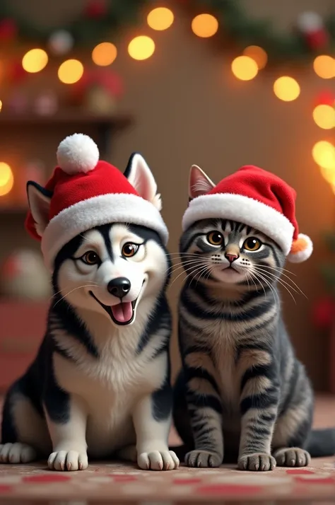 A Husky dog with light brown eyes and a black and gray striped cat with Christmas hats and Christmas background 