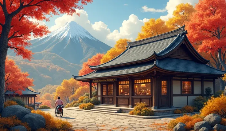  A traditional gassho-style house in a quiet mountain village surrounded by fall foliage。At a European-style cafe、 dark wood is used 、 creates a simple and old-fashioned atmosphere 。 Red and orange in the foreground 、Yellow autumn leaves are reflected 、 A ...