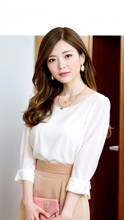   Office Lady Overlapping the Sunset ，  very pretty Japanese woman ，Age 25（Brown Hair，  long wavy hair  ，One ear is visible ， white jacket， sparkling pale pink blouse ，大きなChest， white tight skirt ， white stockings，  White high heels， gold necklace ， earrin...