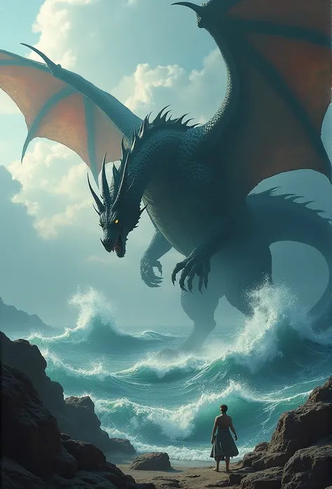  Create an epic artistic representation of a dragon and a mythical beast .  The scene must capture the essence of the battle between the two beings ,  with the dragon dominating the sky and the beast emerging from the depths of the sea ,  a colossal creatu...