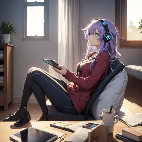 Casual clothing in a cozy room focused on playing computer with headphones, relaxing image with a window where light enters 