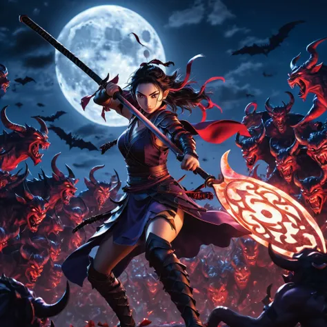  A beautiful demon slayer in the brilliant moonlight, Fighting a horde of demons , ( masterpiece:  Highest image quality , realistic photo.