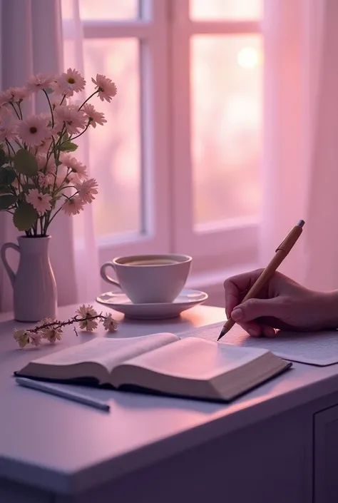  Create an image for an Instagram Story in purple and pink tones .
 It is an open female Bible on a desk with the wall in the background reflecting the sunlight as if the sun had risen only a shadow so that the Sun doesnt appear a window on the desk you ha...