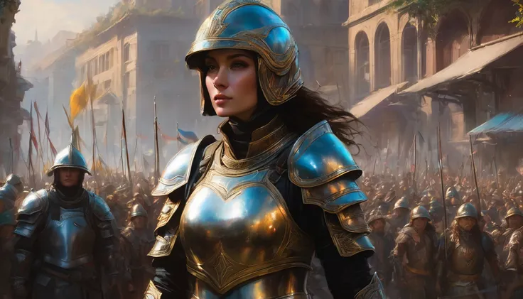 a woman in a helmet and armor standing in front of a crowd, graphic artist magali villeneuve, magali villeneuve, fantasy concept art portrait, by Magali Villeneuve, epic fantasy art portrait, beautiful character painting, inspired by Magali Villeneuve, 4k ...