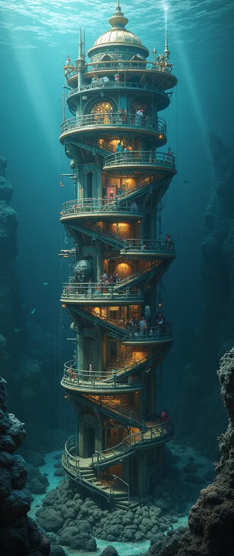 conceptual installation fantasy anime illustration art, cross-section of a vertical tunnel in the Mariana Trench, deep blue, a building that combines Northern Renaissance, steampunk, dieselpunk and clockpunk, spiral, deep sea creatures, gem, plated, variou...