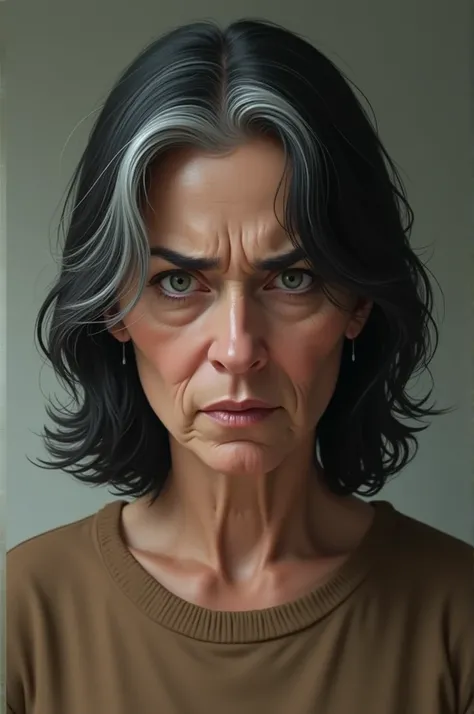 A lady with black hair and a few gray hair in a brown shirt and a mean face