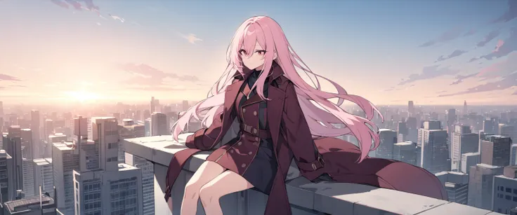 long straight hair, light pink hair, sitting on rooftop, on skyscraper, wearing coat, long coat, burgundry coat, rose eyes, looking at horizon,