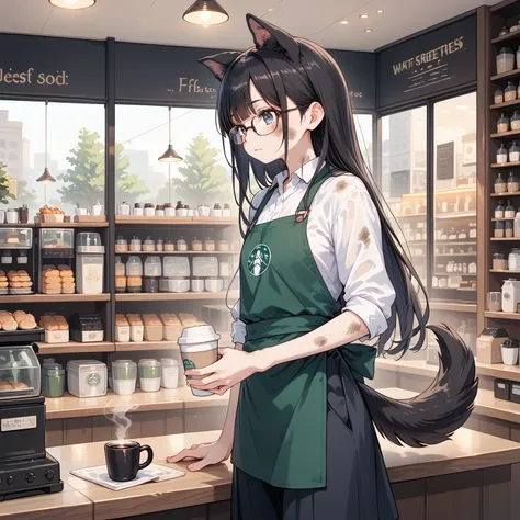 Black Hair, long hair,Glasses,Dog ears,Dog tail,Beastman, waitresses,Fall down,Coffee shop,Get dirty