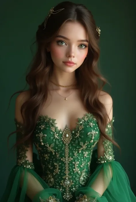 (8k,  RAW Photos, Best Quality, masterpiece:1.2), (Realistic, photo-Realistic:1.37), 1 girl,  dress, green eyes, Long Hair, super detailed cloth, beautiful decoration on  dress,