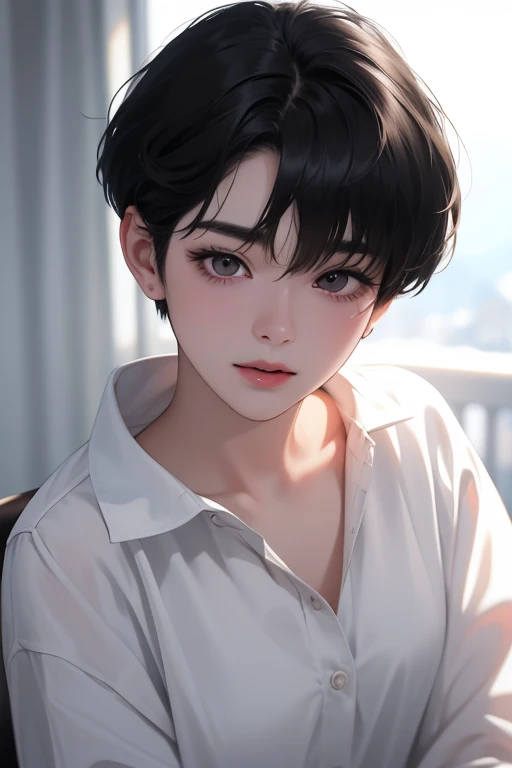 (((masterpiece)),best quality, beautiful detailed eyes, 8K resolution, Semi-realistic, cinematic lighting, detailed dog, ultra detailed),1 woman, korean, cute, 30-year-old ((wearing a white shirt)), smile, ((with white Maltese puppy)), black eyes, ((hairst...