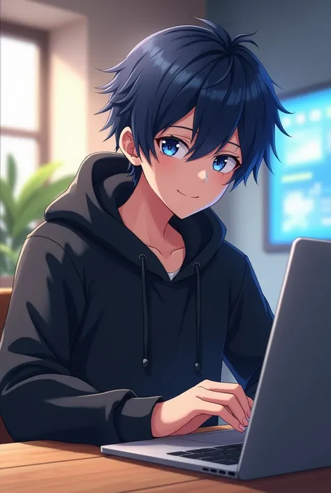 👉 Promt : 
Create a anime boy who have a mature looking like a man facing in front he is a youtube content creator. He is smiling. Wearing black hoodie, his hair colour is dark blue.  Sitting at wooden desk. And a macbook placed on the desk .The scene give...