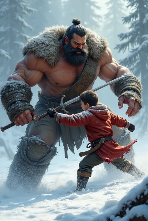 Create a muscular lumberjack fighting against a boy swordsman ,  the lumberjack is big and muscular looking like a wall and the boy is short and thin the scenery is snowy and  because of the fight,  the man has his arm cut off by the boys blade 