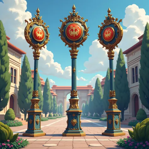 Generate a pole with the Everwood Crest circular emblem give me 3 options