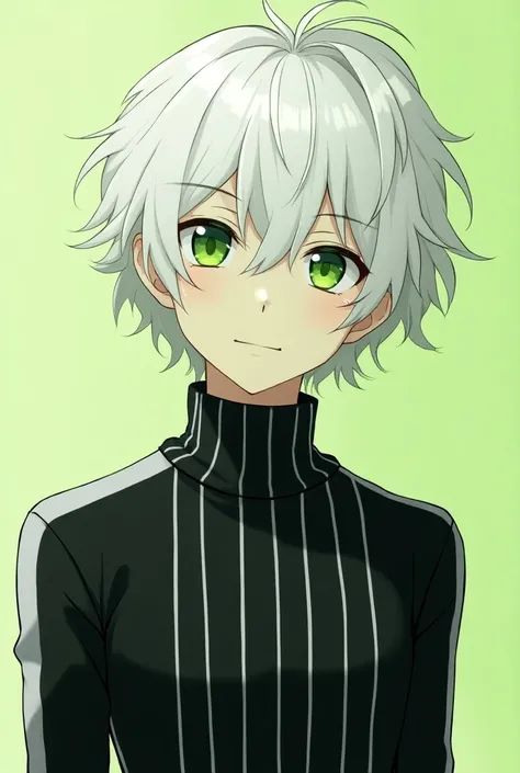 23 year old young adult with lime colored skin, albino, white wavy hair wofl cute, Strong green pupils with clear swirls, Black t-shirt with vertical white stripes with a long turtleneck and elegant long sleeves, in a less realistic anime style and that he...