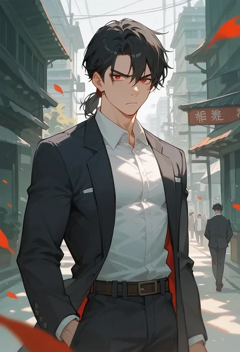 man,handsome,Black hair, in red eyes , short ponytail,Shirt,Suit, outside ,Serious face, teen