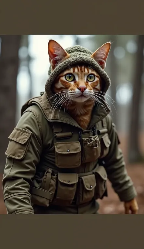 Soldiers cat standing in the woods,  detailed clothes,  Action Shots , In motion, 8k,  Ultra High Definition , DSLR,  Very Detailed, Bright Scene:1.1),  other, 6:19, Best Quality,  wide angle shot