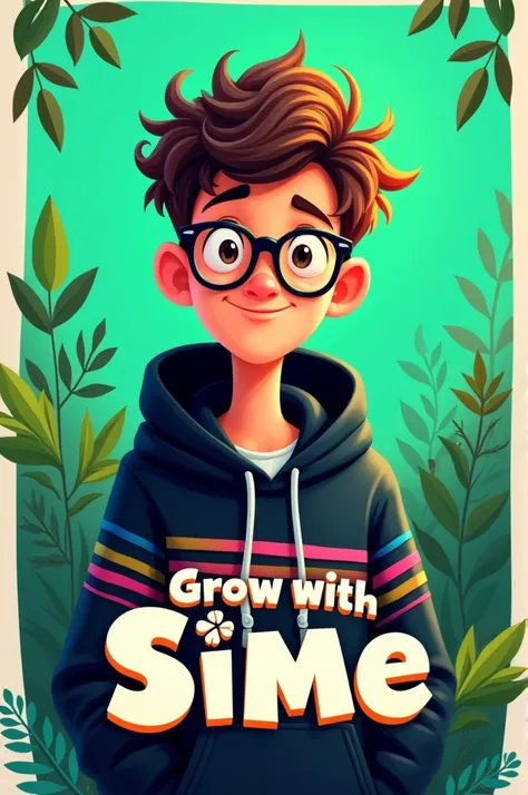 A young, animated character with tousled brown hair and round glasses wears a black hoodie adorned with colorful stripes. The background features a vibrant green color, and bold text at the bottom reads GROW WITH SIME, emphasizing a theme of digital growth...