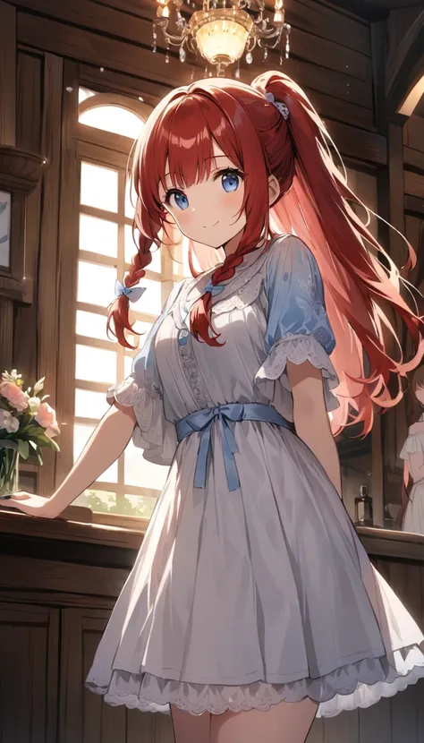  girl、White Toso 、Led,Long Hair、Beautiful Hair、long hair、Partial braids、 he stares at me with a strange expression.cute、 blue eyes 、outside、 Shy Facing 、 Fantasy Luxurious Dress Light Color、village、Wooden House、 red hair、 girl、 has a nice smile、 they are d...