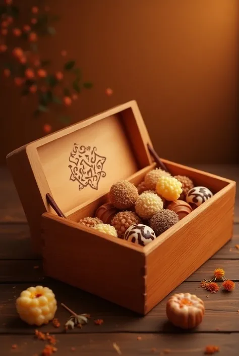 Beautiful Arabian wooden box with sweets inside and with a logo with the name Rahat